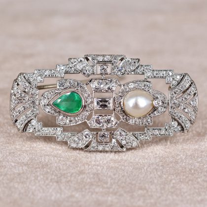 Art Deco Emerald, Pearl & Diamond Brooch