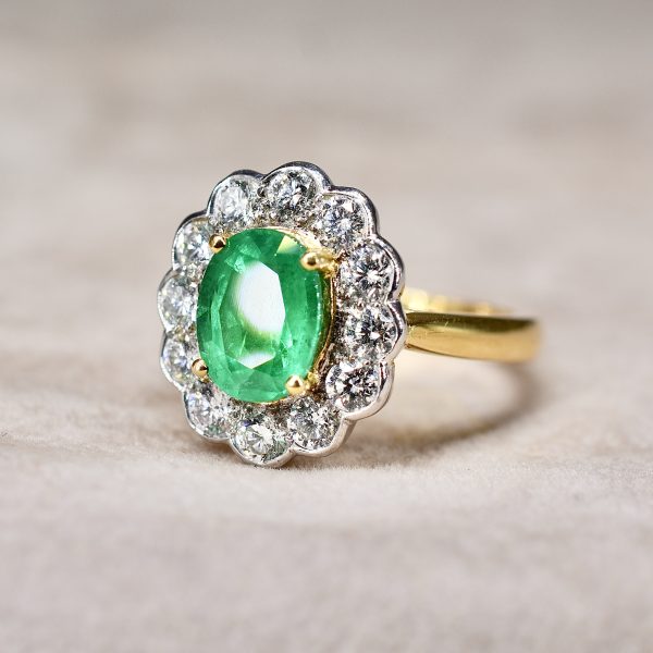 Emerald & 1.08ct Diamond Daisy Cluster Ring