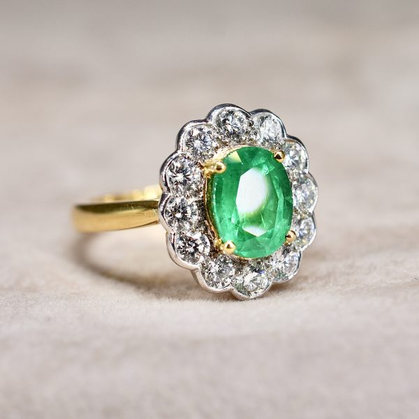 Emerald & 1.08ct Diamond Daisy Cluster Ring