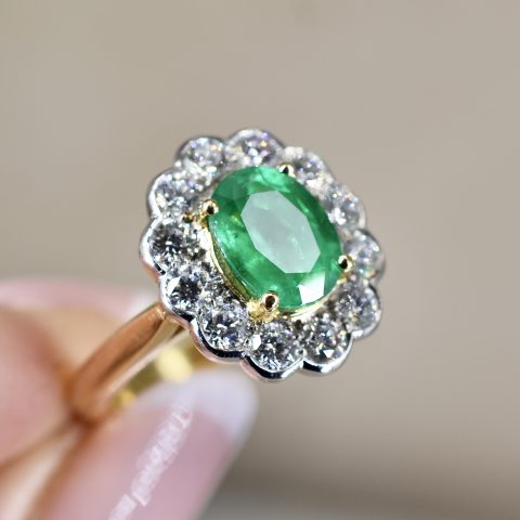 Emerald & 1.08ct Diamond Daisy Cluster Ring