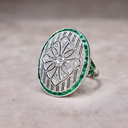 Art Deco Style Diamond & Emerald Cluster Ring