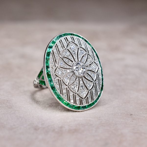 Art Deco Style Diamond & Emerald Cluster Ring