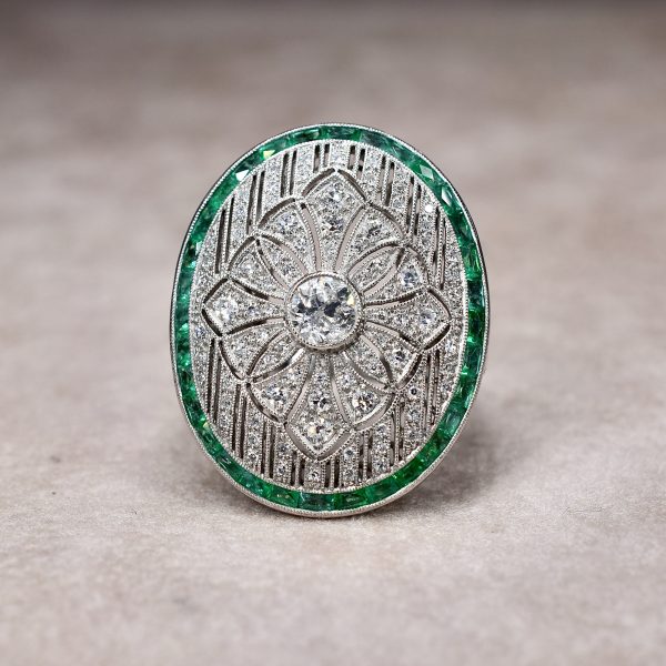 Art Deco Style Diamond & Emerald Cluster Ring