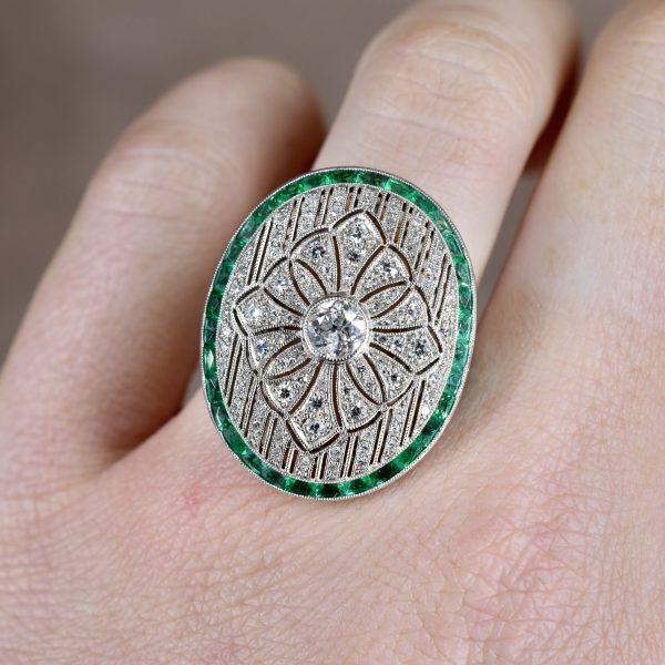 Art Deco Style Diamond & Emerald Cluster Ring