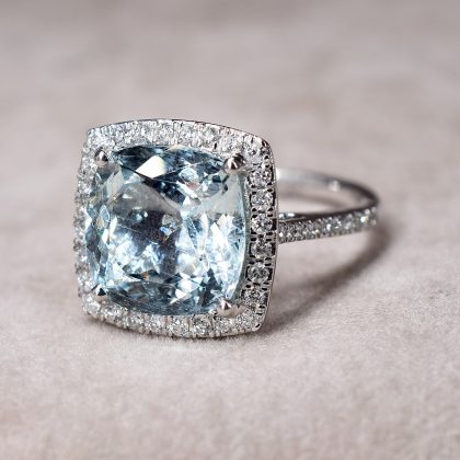 Cushion Cut Aquamarine & Diamond Halo Ring