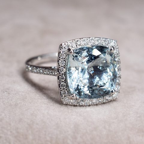 Cushion Cut Aquamarine & Diamond Halo Ring