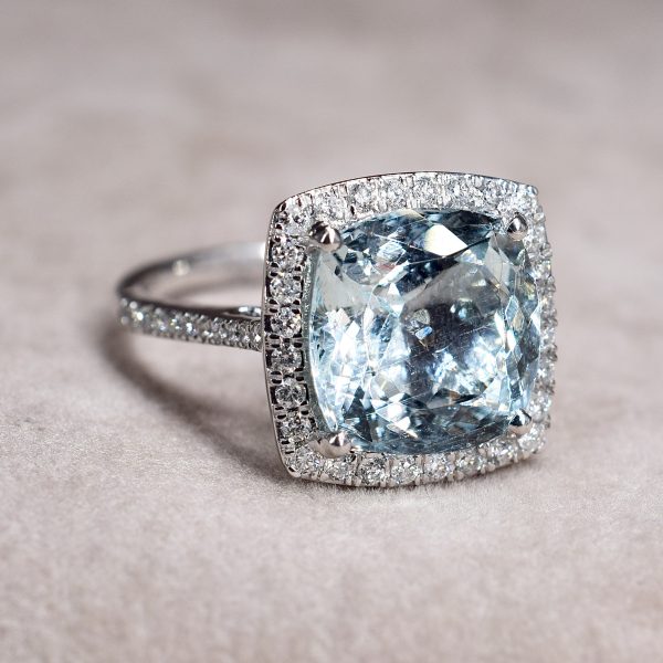 Cushion Cut Aquamarine & Diamond Halo Ring