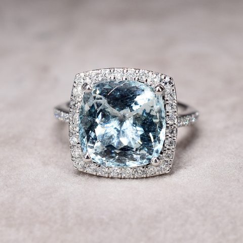 Cushion Cut Aquamarine & Diamond Halo Ring
