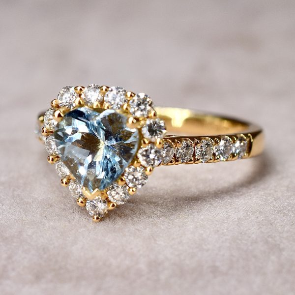 Aquamarine & Diamond Heart Halo Ring