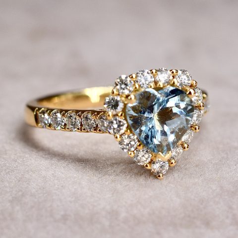 Aquamarine & Diamond Heart Halo Ring