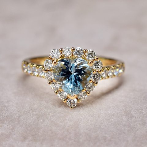 Aquamarine & Diamond Heart Halo Ring