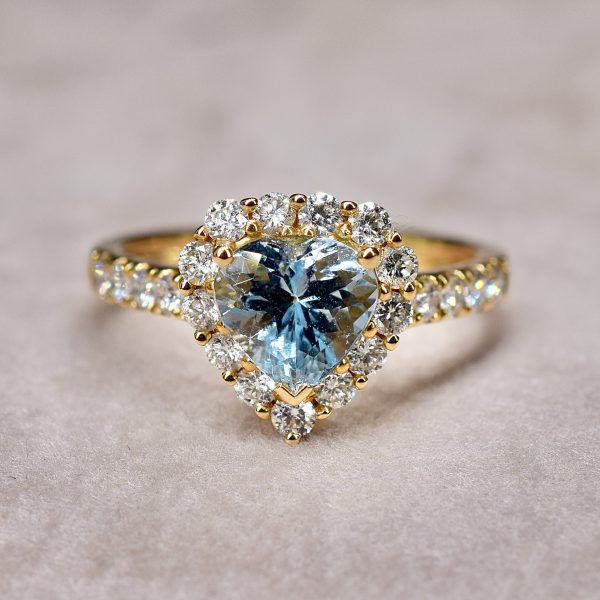 Aquamarine & Diamond Heart Halo Ring