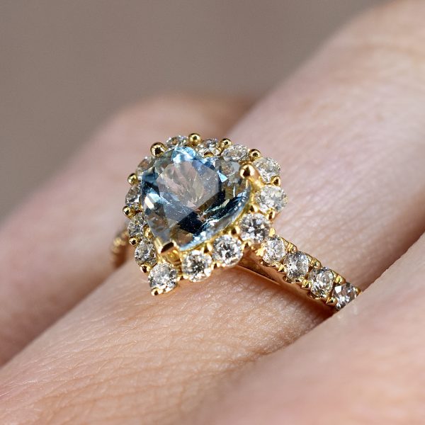 Aquamarine & Diamond Heart Halo Ring