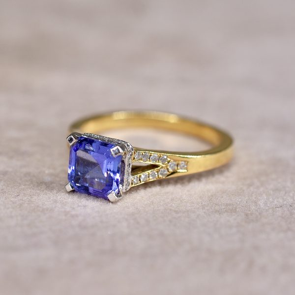 Asscher Cut Tanzanite & Diamond Ring