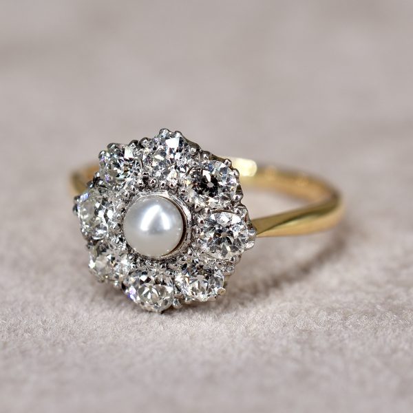 Edwardian Pearl & Old Euro Diamond Cluster Ring