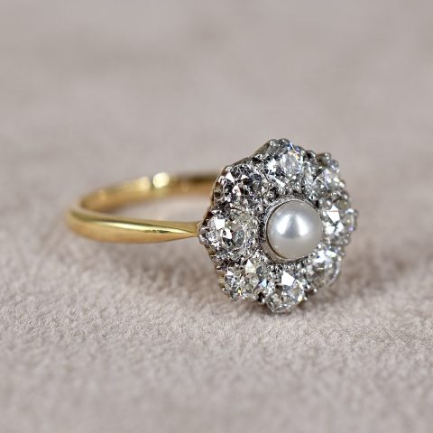 Edwardian Pearl & Old Euro Diamond Cluster Ring