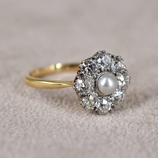 Edwardian Pearl & Old Euro Diamond Cluster Ring