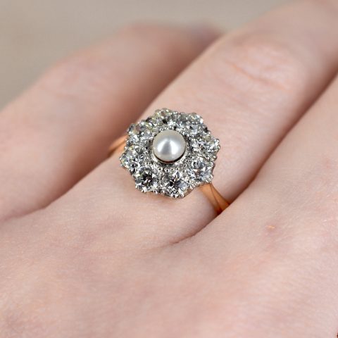 Edwardian Pearl & Old Euro Diamond Cluster Ring