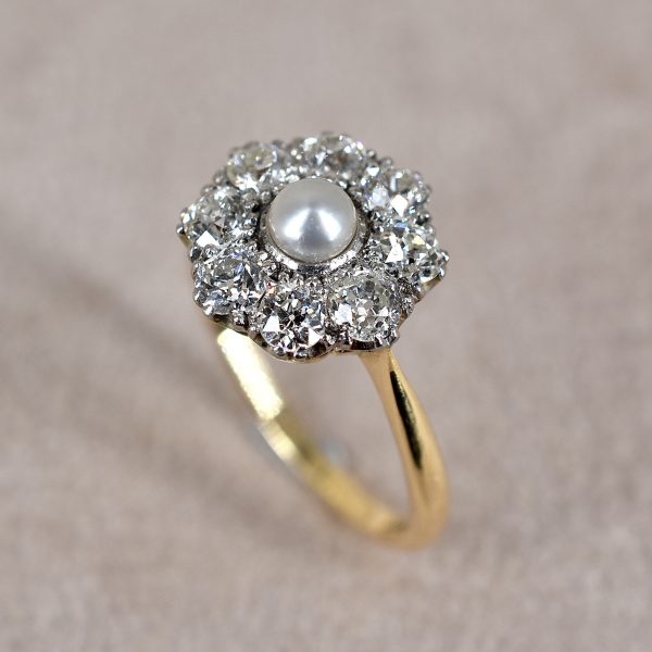 Edwardian Pearl & Old Euro Diamond Cluster Ring