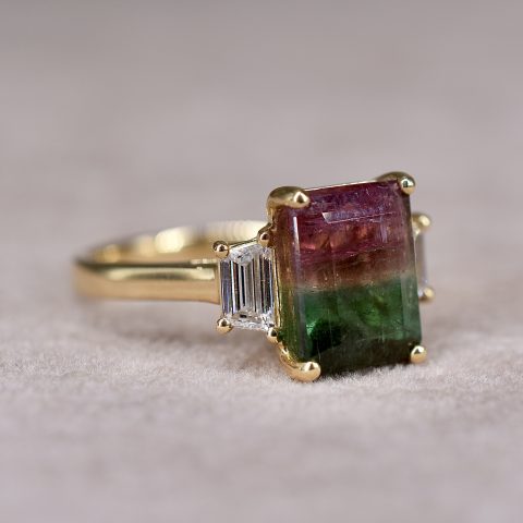 Watermelon Tourmaline & Diamond Trilogy Ring