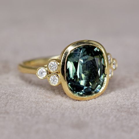 Green Tourmaline & Diamond Rubover Ring