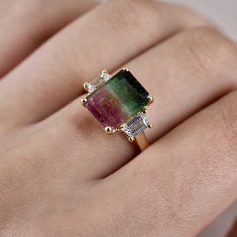 Watermelon Tourmaline & Diamond Trilogy Ring