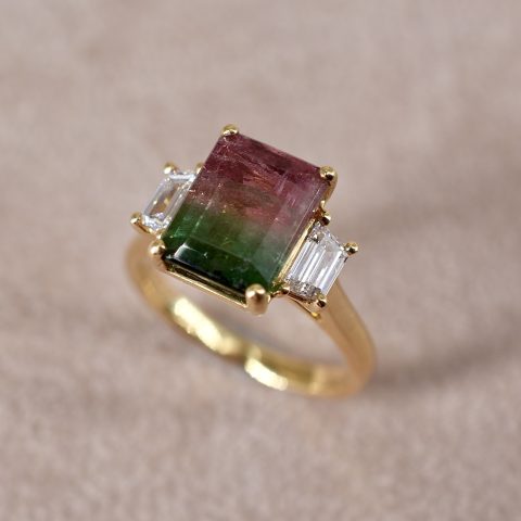 Watermelon Tourmaline & Diamond Trilogy Ring
