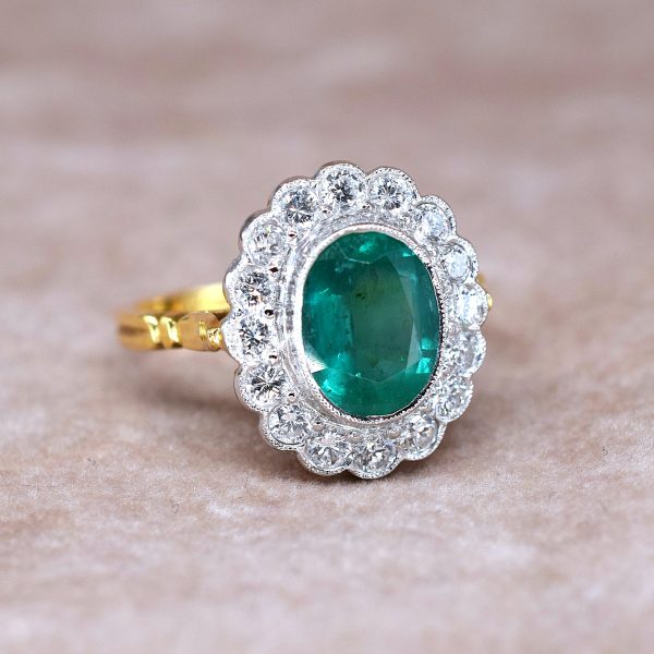 Oval Emerald and Diamond Flower Cluster