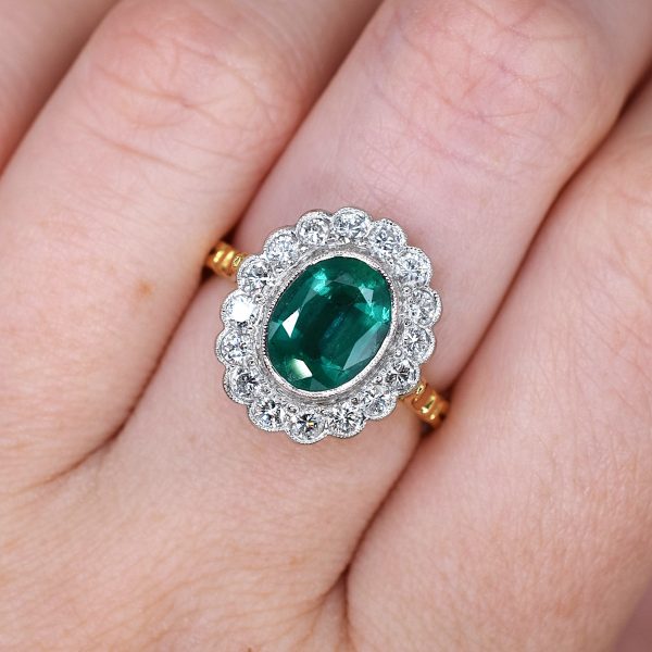 Oval Emerald and Diamond Flower Cluster