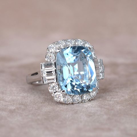 Aquamarine & Diamond Halo Ring