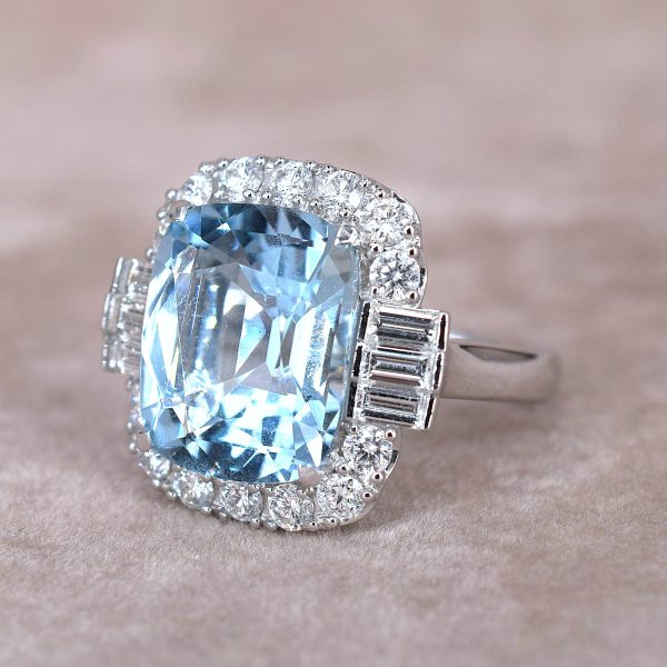 Aquamarine & Diamond Halo Ring