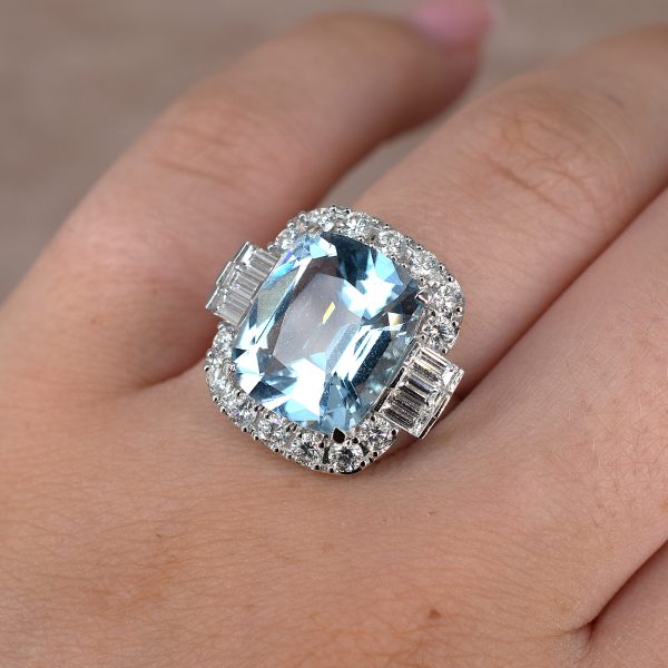 Aquamarine & Diamond Halo Ring