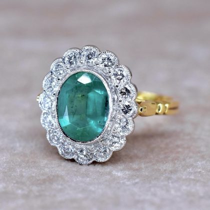 Oval Emerald and Diamond Flower Cluster