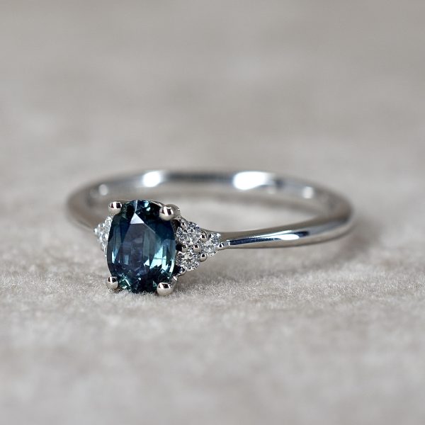Teal Sapphire & Diamond Trefoil Ring