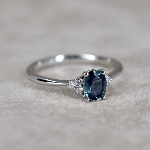 Teal Sapphire & Diamond Trefoil Ring