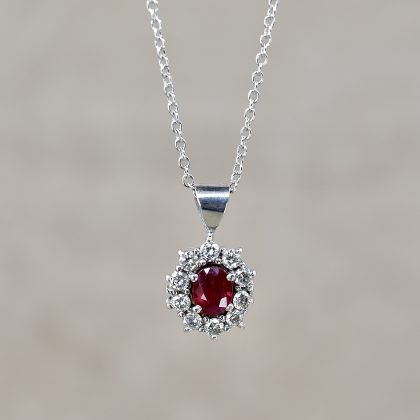 Vintage Ruby & Diamond Oval Cluster Necklace