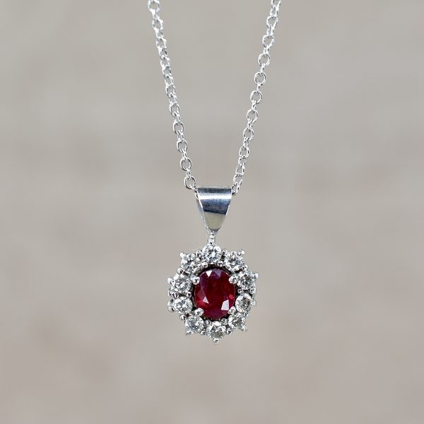 Vintage Ruby & Diamond Oval Cluster Necklace