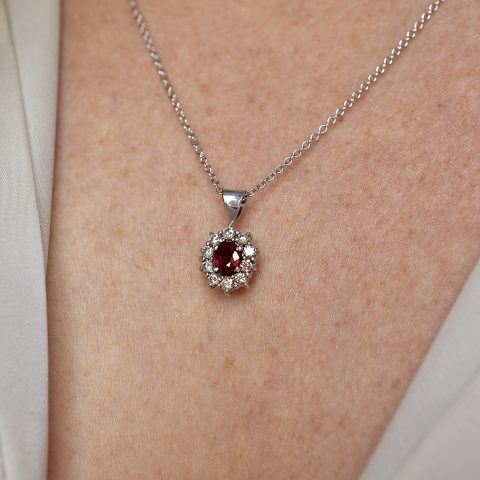 Vintage Ruby & Diamond Oval Cluster Necklace